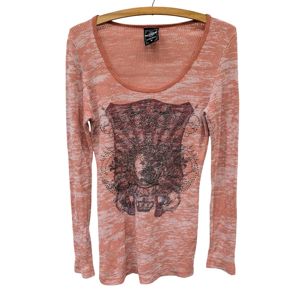Y2K Sledge USA Women's Thermal Top Coral Rhinestone Graphic Long Sleeve- M